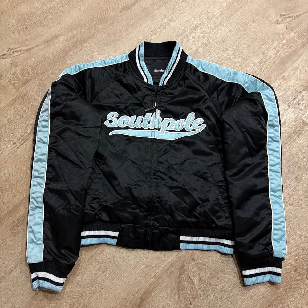 Vintage Y2K SouthPole Satin Bomber Jacket Women’s Medium Varsity Crop Black Blue